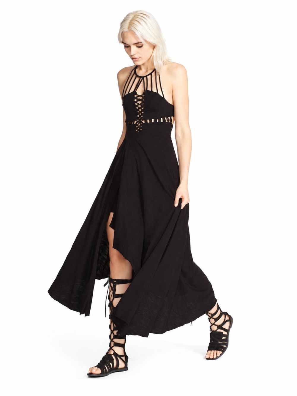 Free People Beautiful Stranger Maxi Dress 0834 Black medium cage halter cotton